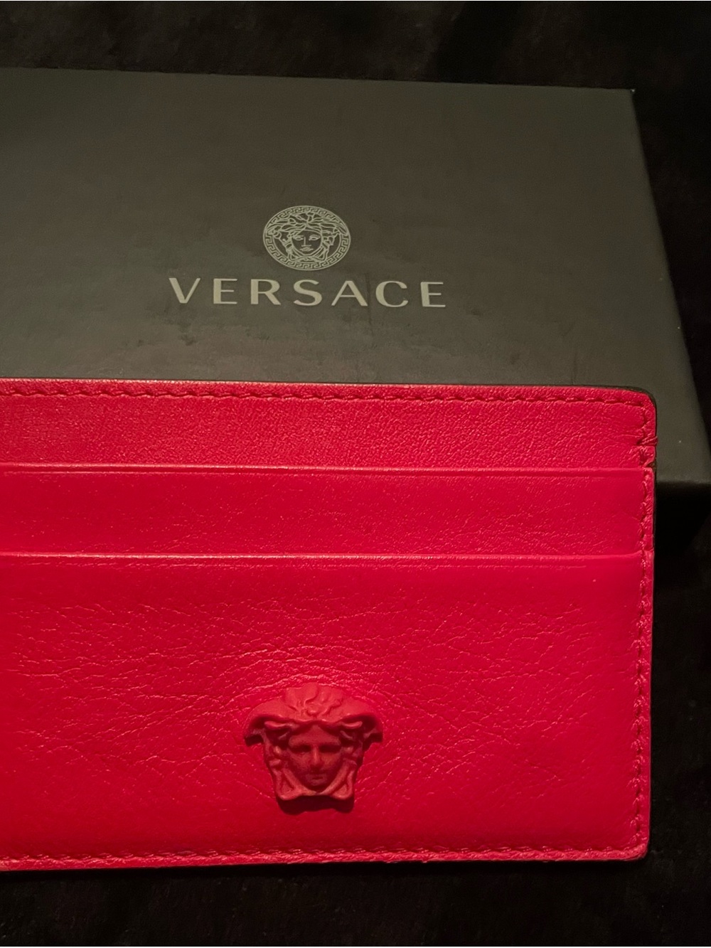Versace Red Leather Slim Card Holder with Medusa Relief
